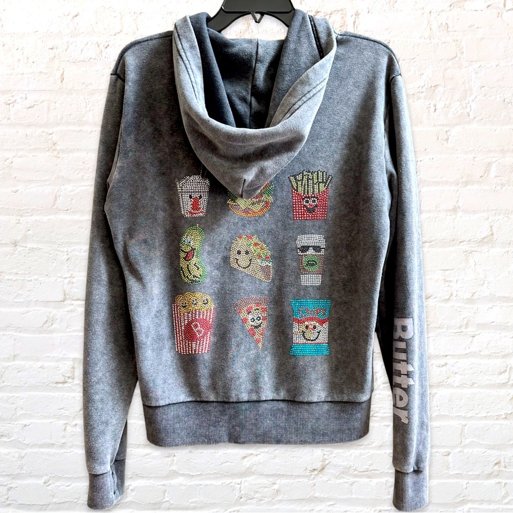 Butter "Super Soft" Junk Food Rhinestone Zip-Up Grey Hoodie Jacket | Youth XL